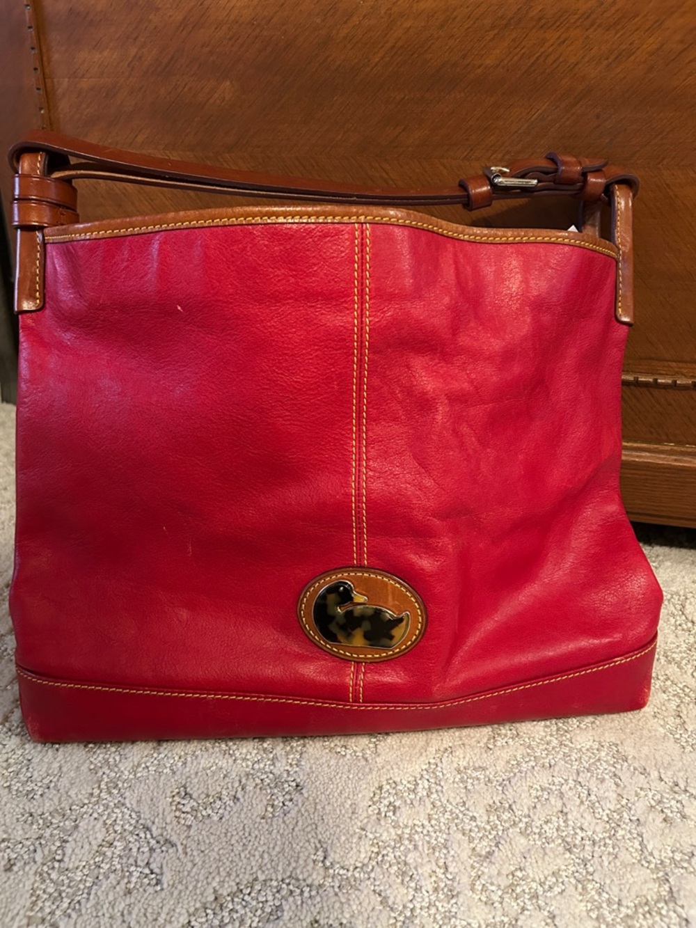 Dooney & Bourke Red Leather Shoulder Bag with Brown Trim